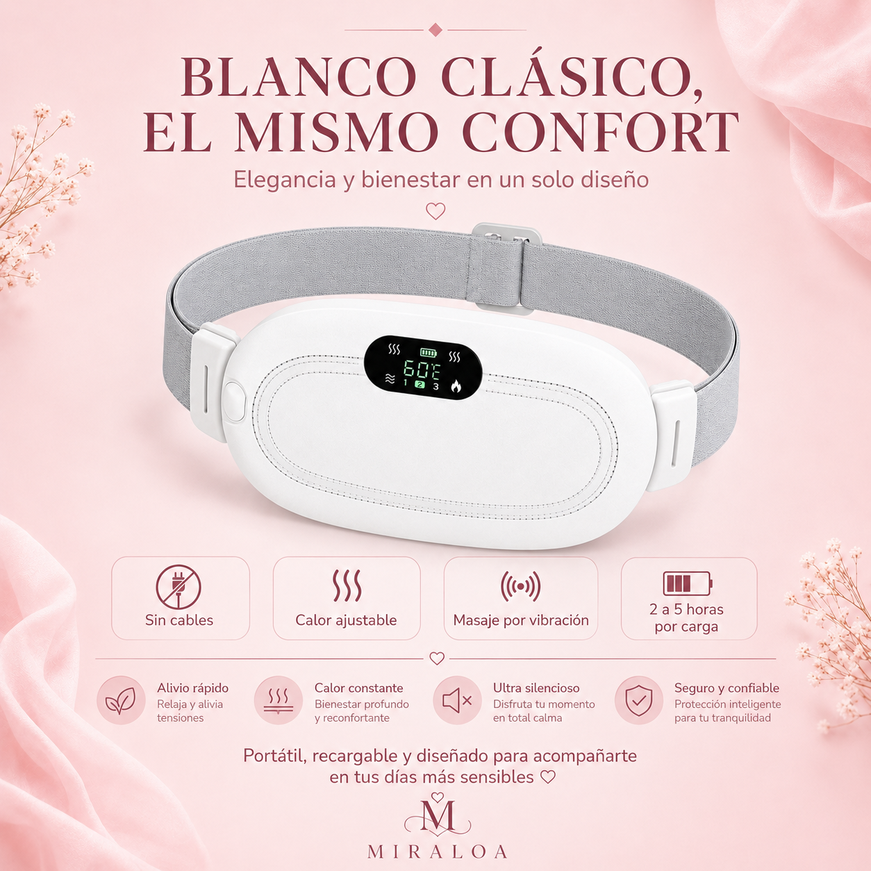 Almohadilla térmica portátil para confort menstrual